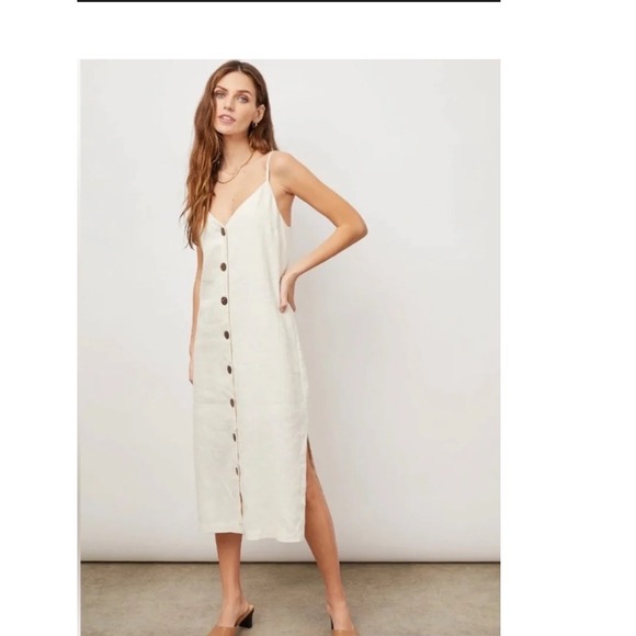 Rails Dresses & Skirts - Rails Lizzie Bisque 100% Linen Button Front Midi Slip Dress Cream Womens Medium